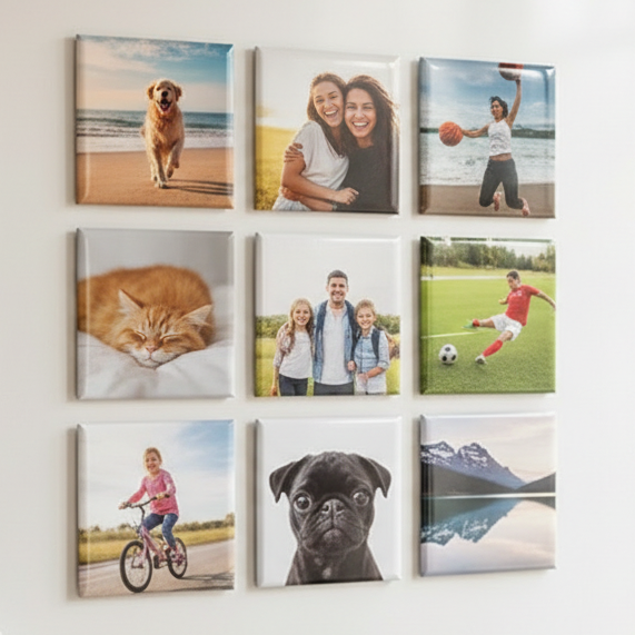 9 photo magnets with family, sports, and pets