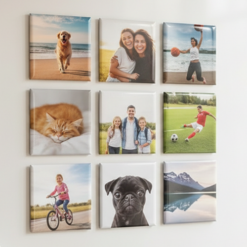 9 photo magnets with family, sports, and pets
